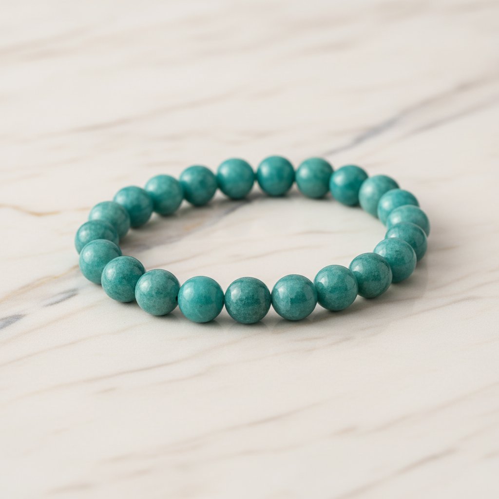 Jade green beaded bracelet arranged in a circular shape on light wooden surface, showcasing smooth, uniform spherical stones.