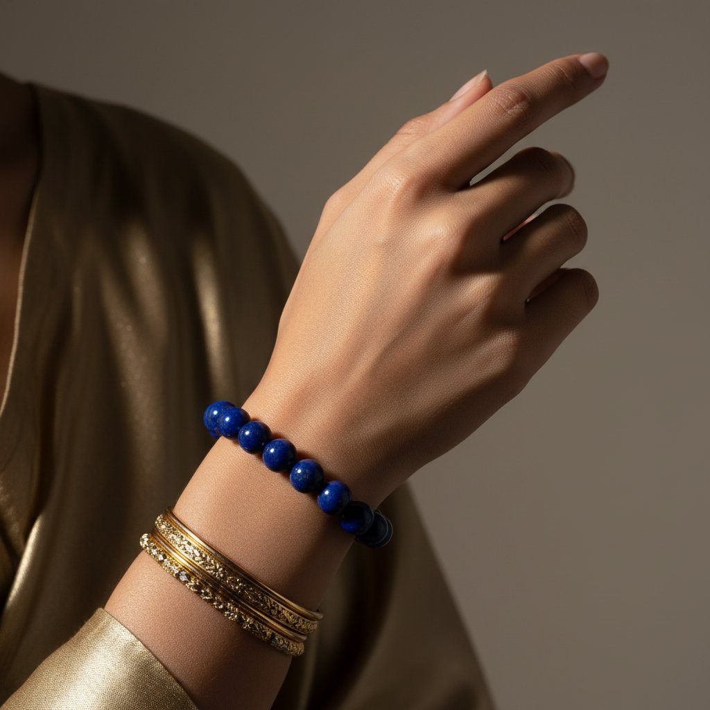 Hand wearing a deep blue lapis lazuli bracelet and two gold bangle bracelets against a neutral background.