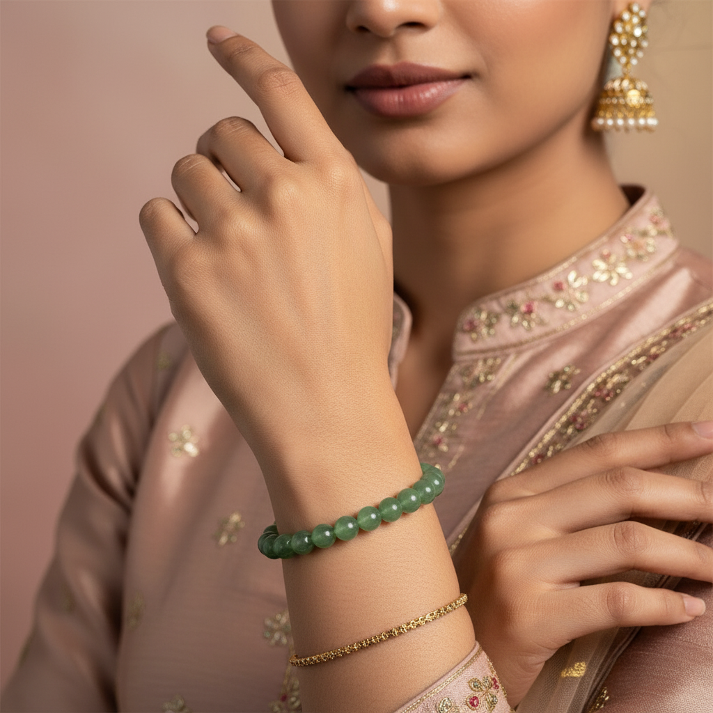 Woman in embroidered saree wearing green beaded bracelet and gold jhumka earring, hand positioned elegantly